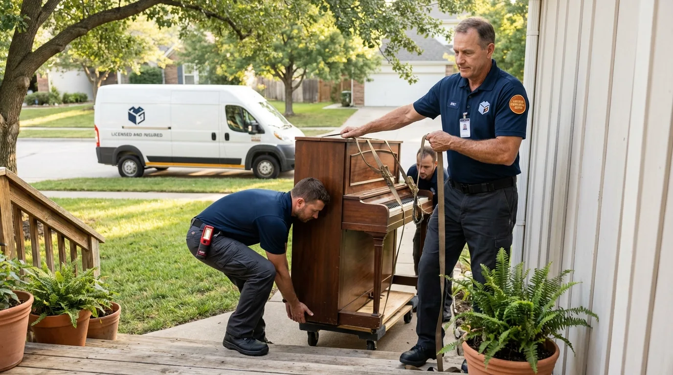 Licensed piano movers securing grand piano in Crozet, VA