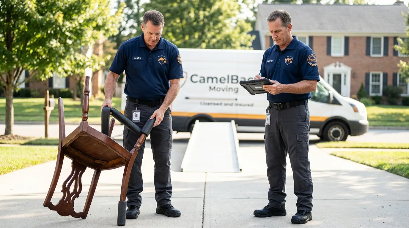 Movers inspecting furniture for damage prevention before loading in Crozet, VA