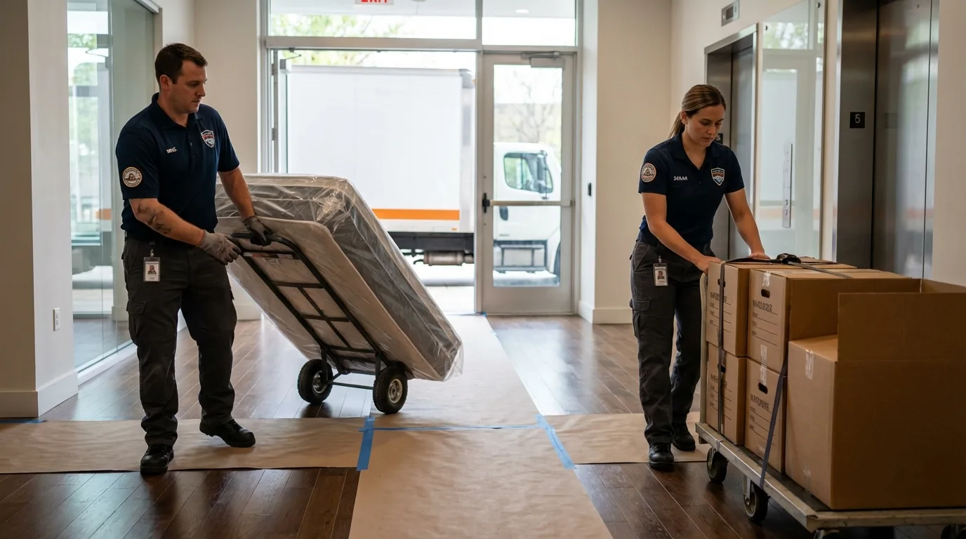 Professional apartment movers loading elevator in Crozet, VA